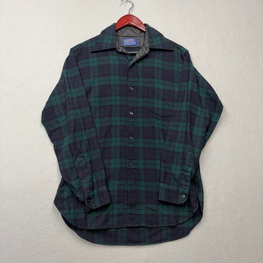 Pendleton Wool Shirt Mens M Green Blue Plaid Black Watch Tartan Vintage 80s USA